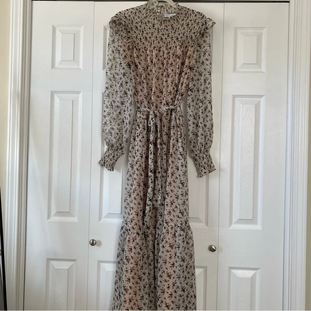 English Factory | Brown Floral Smocked High‑Neck Midi Prairie Cottagecore Dress